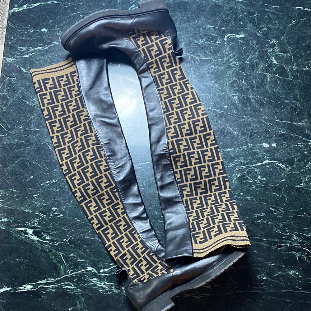 Fendi Brown & Black FF Logo Knit thigh high Boots